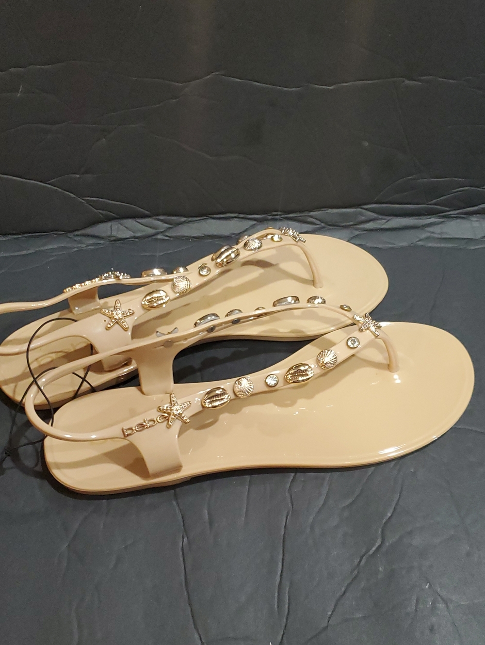 Bebe gold seashell starfish cowrie adorned tan‎ jelly thong slingback flats
